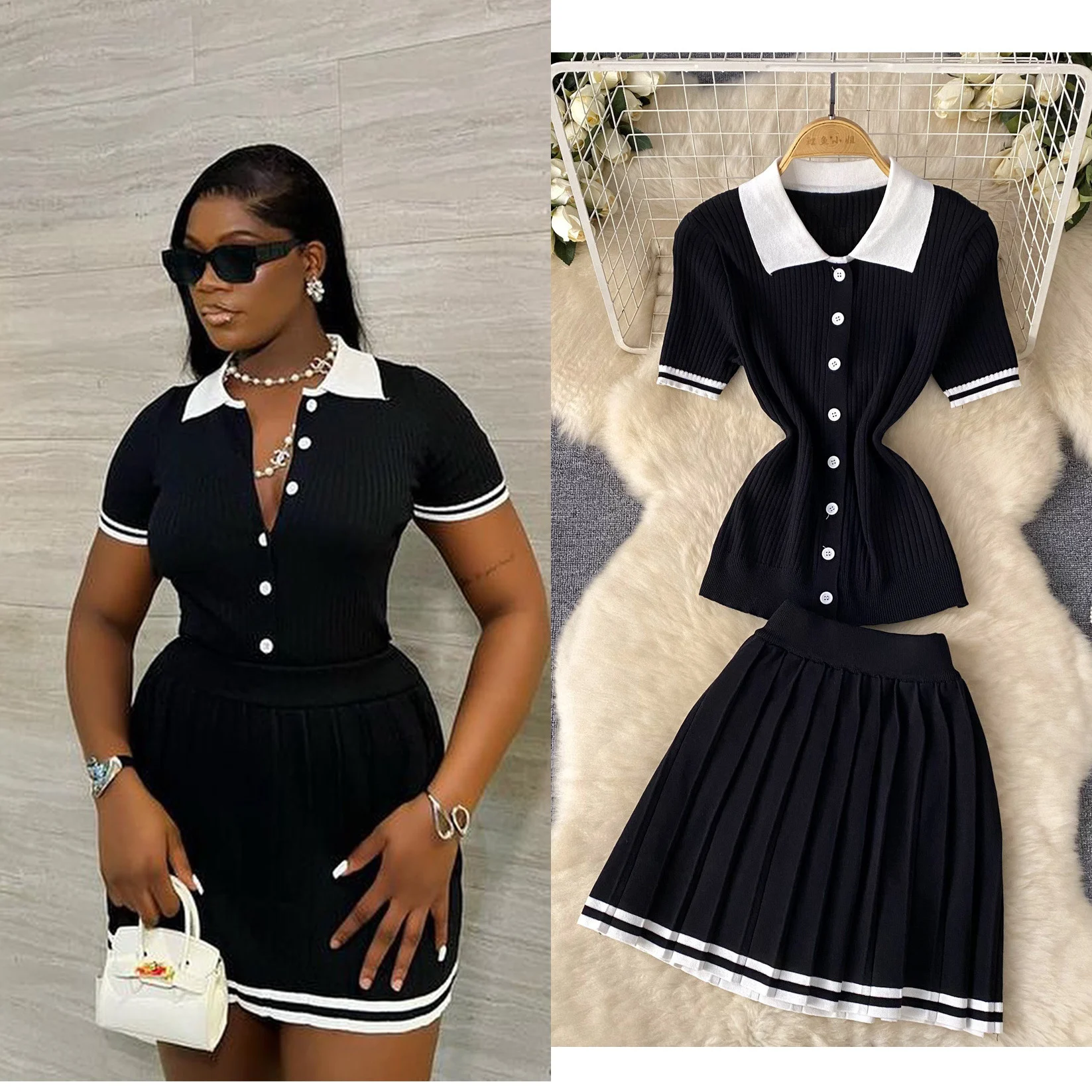 Summer New Style Girl Contrasting Color Polo Collar Short Sleeved Shirt top High Waist Slimming Pleated Skirt Two piece set