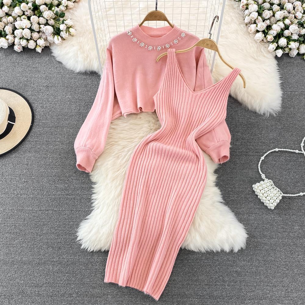 y05 Women's Round Neck Nail Bead High Waist Short Open Navel Sweater Two-piece Knitting Vest Dress