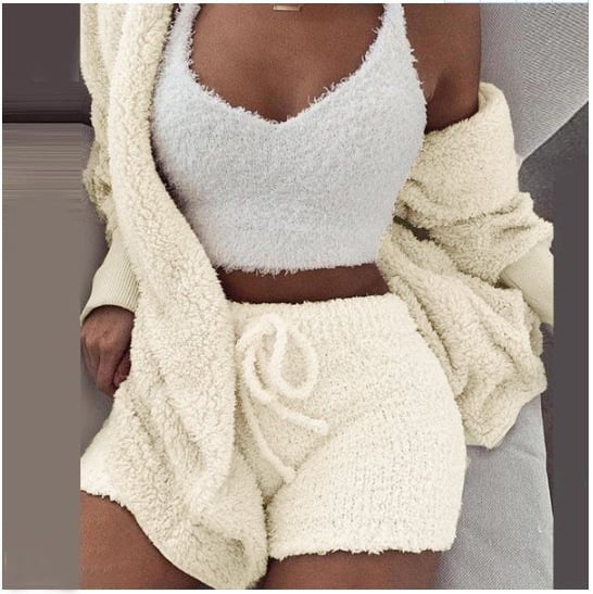 Winter Plush Home Service Casual 3-Piece Pajamas Long-Sleeved Shorts Sports Suit Women