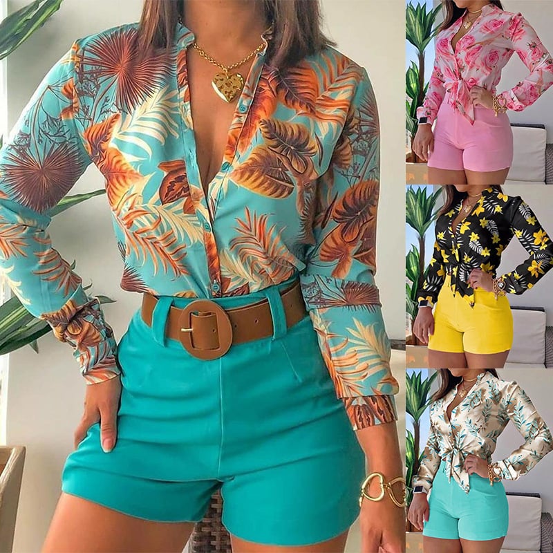 Long-Sleeved Digital Printing Stand-Up Collar Temperament Shirt Shorts Suit