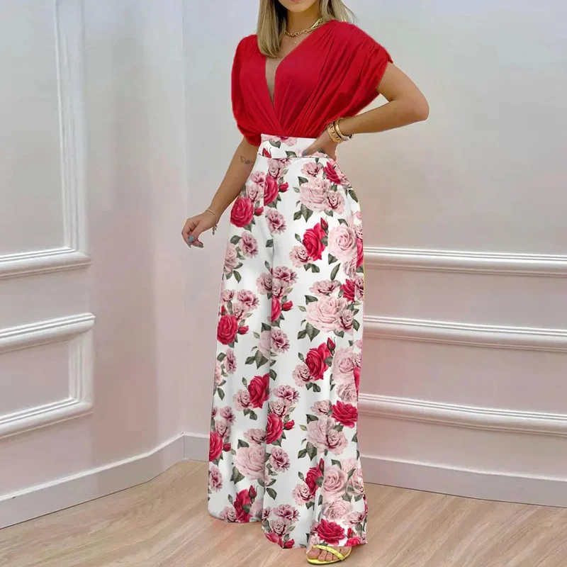 V-neck printed wide leg pants fashion casual suit